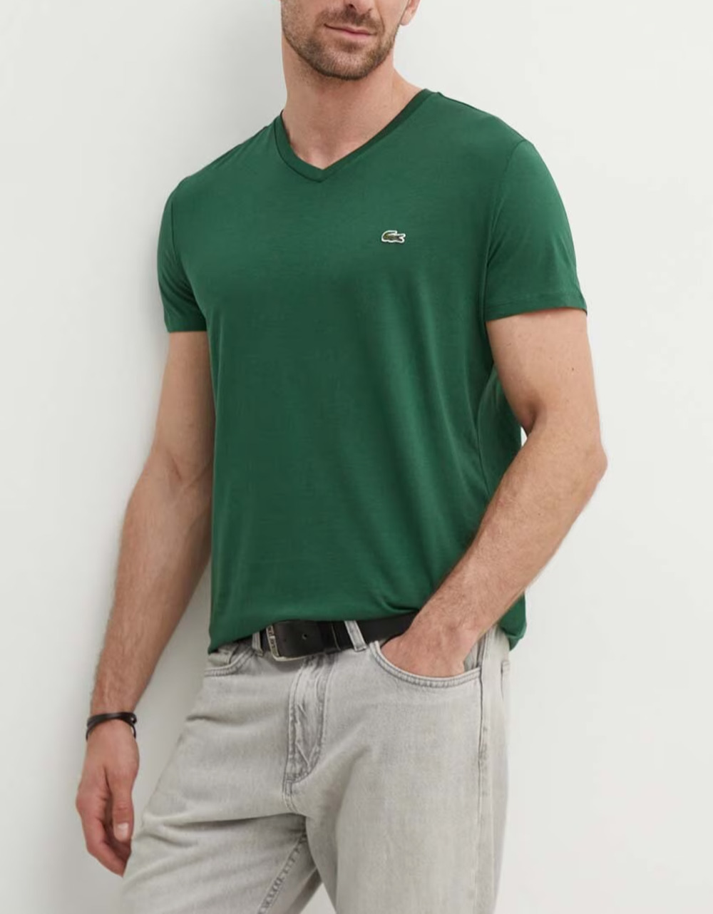 Lacoste Men 100% Pima Cotton V- Neck T-shirt Y2k Green Size Large A010431